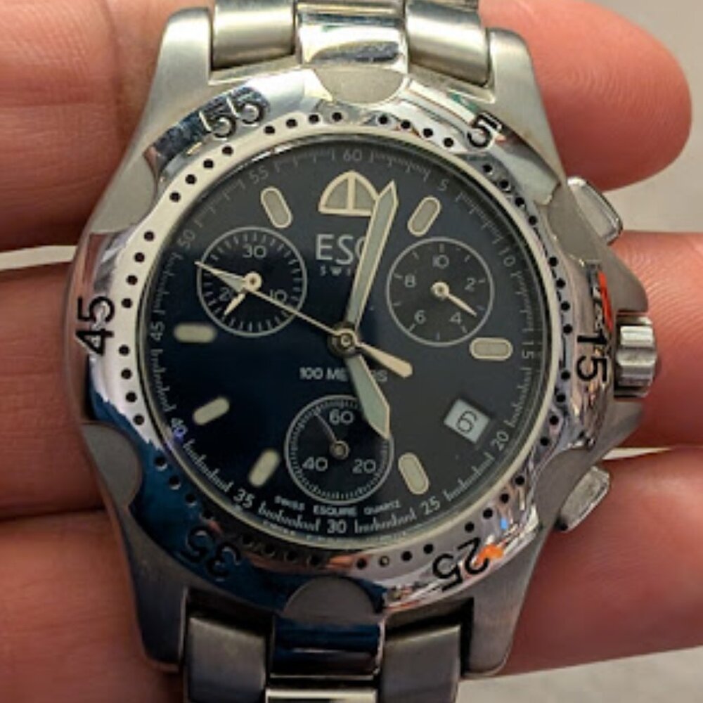 ESQUIRE "ESQ- MOVADO" SWISS CHRONOGRAPH SILVER TONE W/ BLUE DIAL MENS WATCH